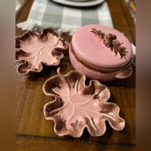Vintage Jaska of California pottery Pink and Brown Leaf-Shaped serving set